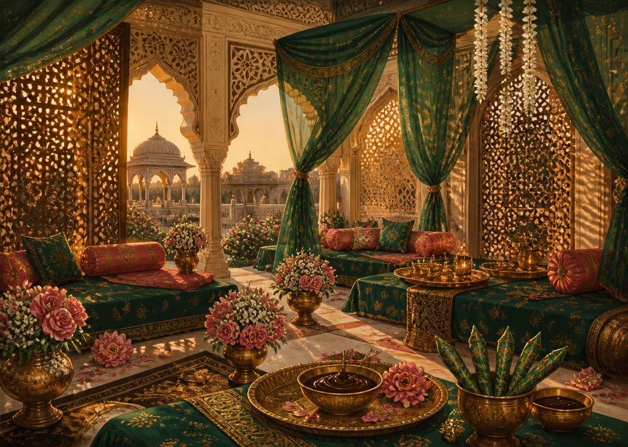 Illustrated sandstone courtyard at dusk with emerald canopies, jasmine strings and lanterns set for a mehndi night