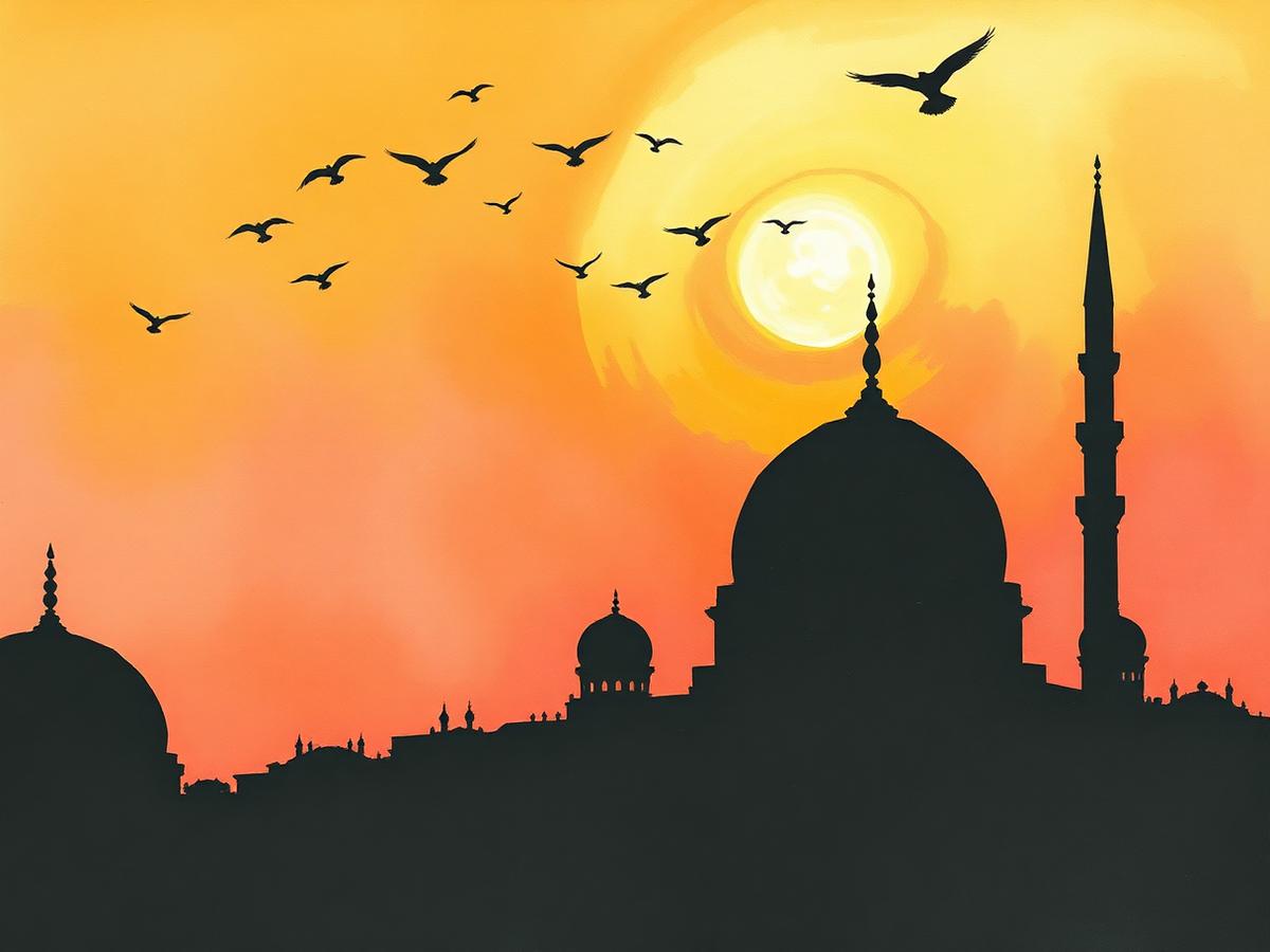Domes and slim minarets silhouetted against a gold and rose sunset sky