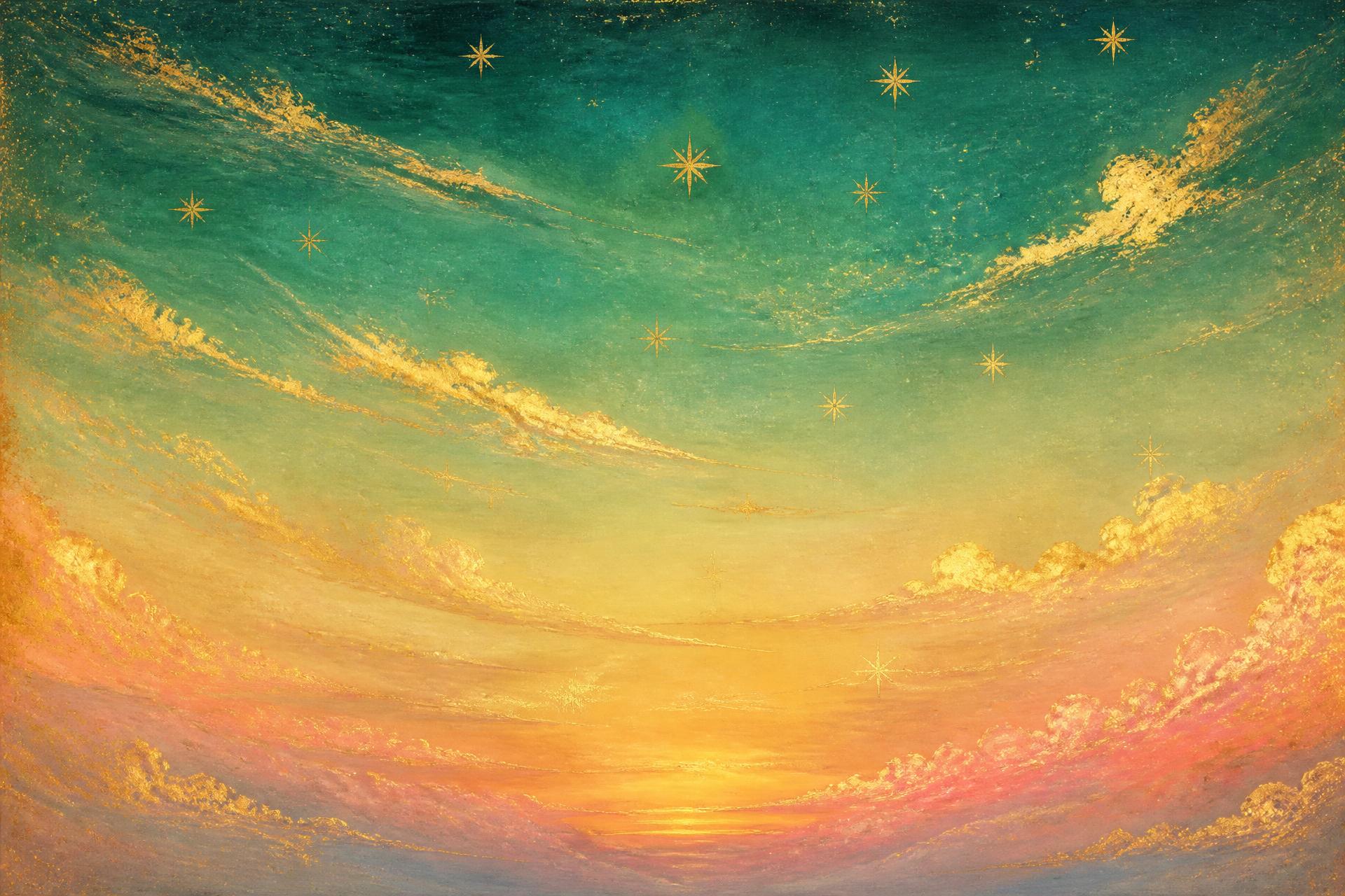 Illustrated open dawn sky in emerald and gold above a still horizon