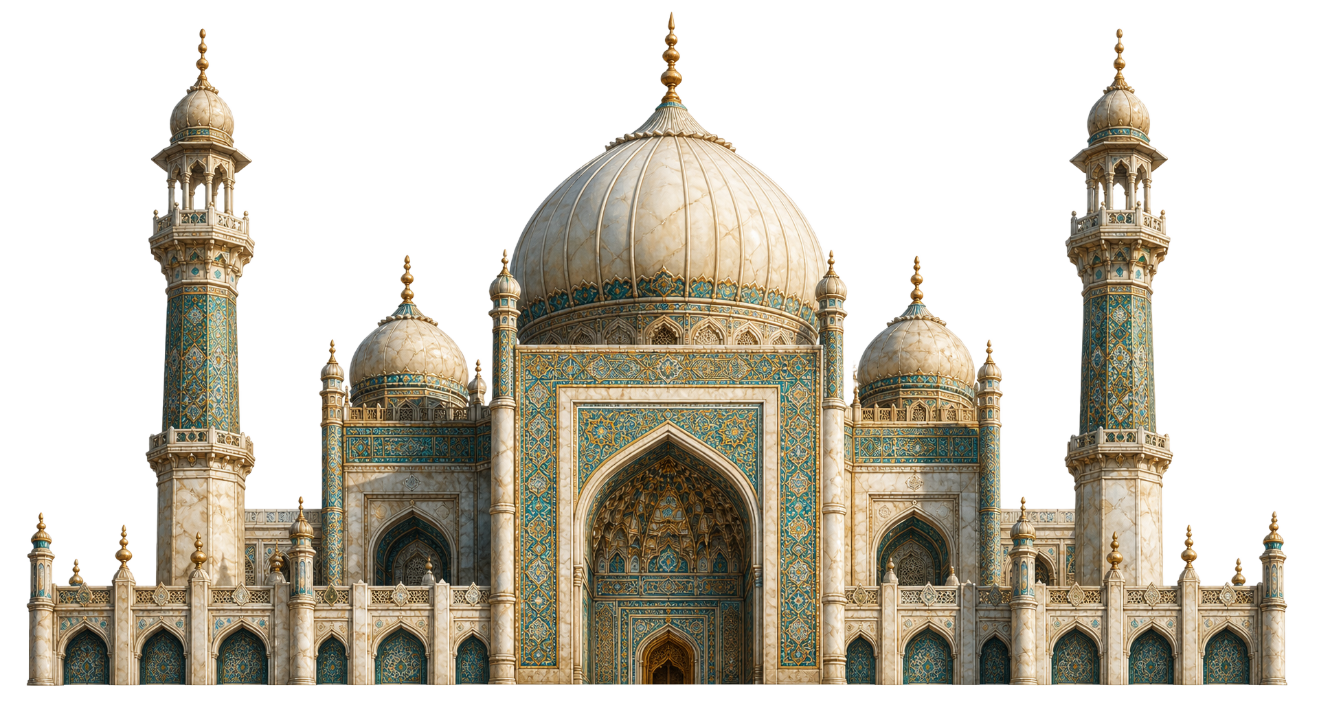 Illustrated white marble mosque facade with turquoise and gold tilework, domes and minarets